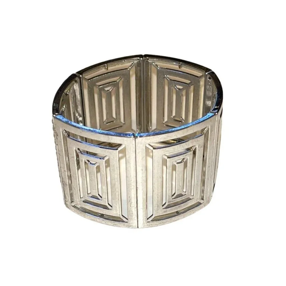 Silver Cube Block Clear Rhinestone MCM Retro Prom Bridal Stretch Bracelet